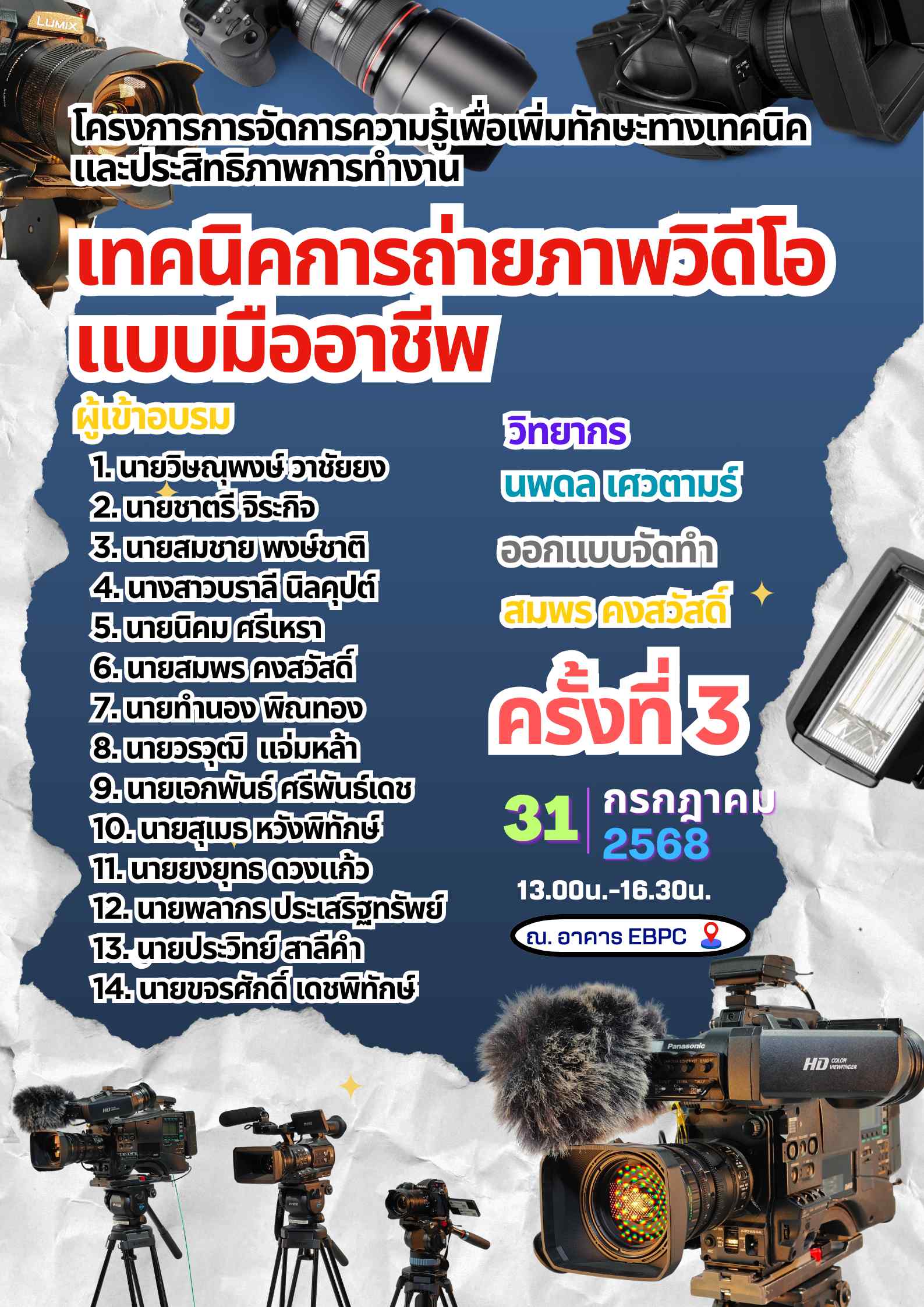 Read more about the article โครงการการจัดการความรู้เพื่อเพิ่มทักษะทางเทคนิคและประสิทธิภาพการทำงาน “เทคนิคการถ่ายภาพวิดีโอแบบมืออาชีพ”